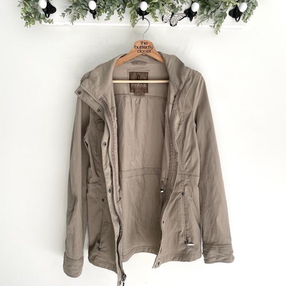 Prana Khaki Brown Full Zip And Buttoned Cinch Waist Pocketed Jacket Size Large - Picture 2 of 6